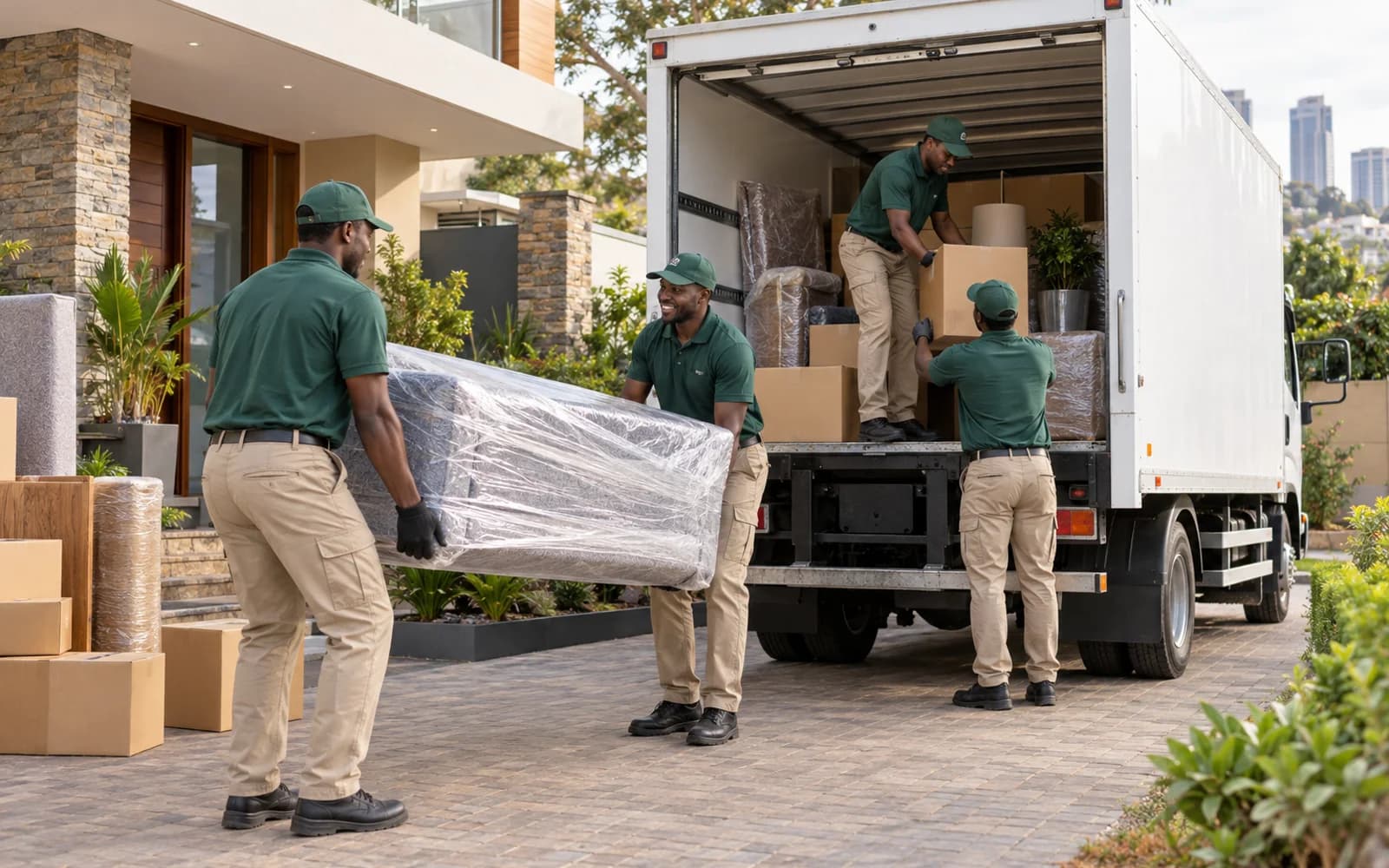 Moving team carefully loading household items